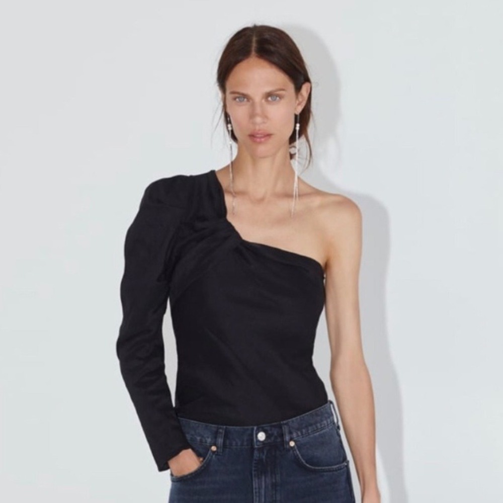 Zara One Shoulder Puff Sleeve Top Asymmetric Bodice Evening Blouse Black Small